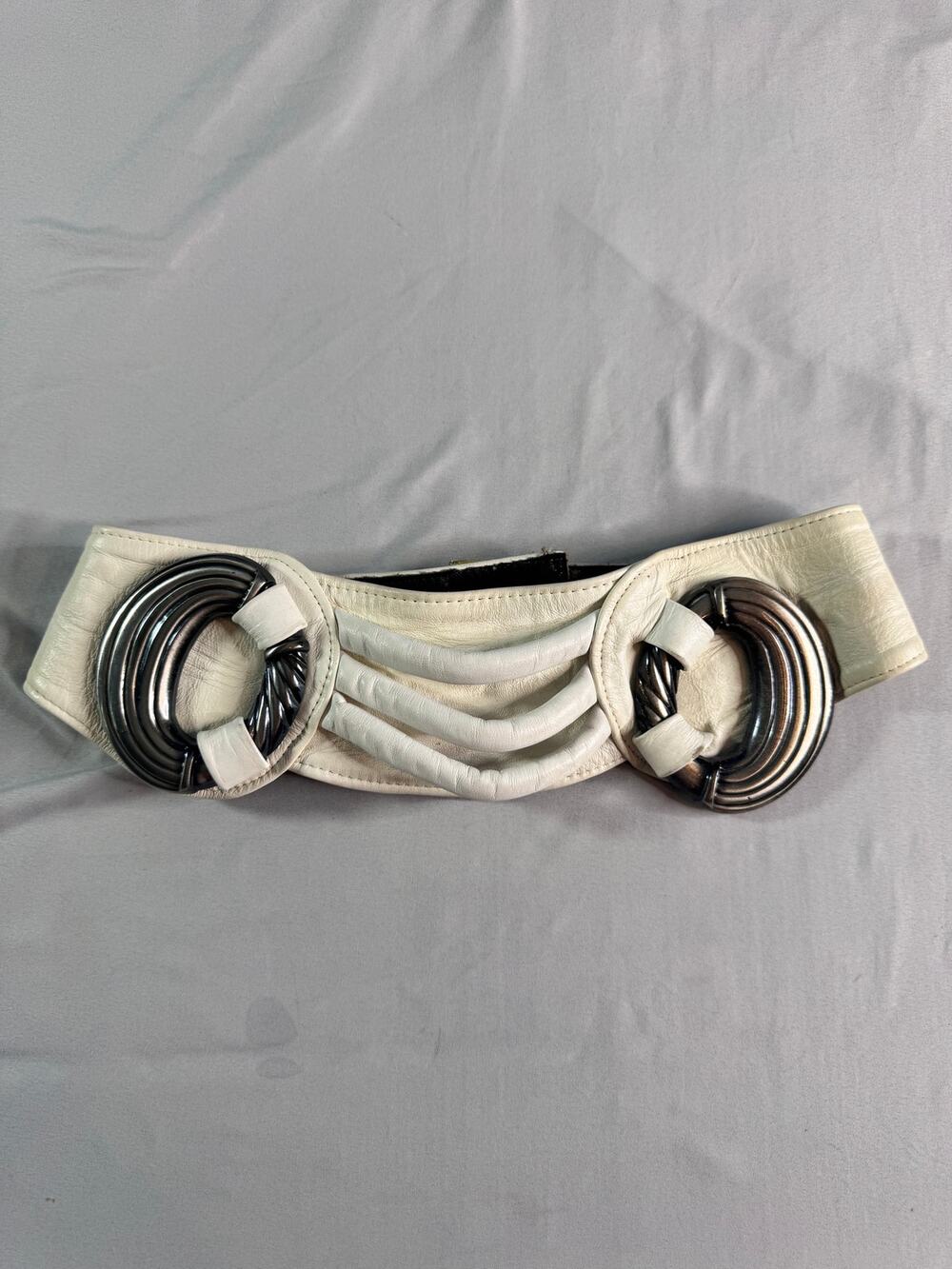 Vintage Sharon Burch Dallas White Leather Belt Silver DMP Statement Wide 80s XS